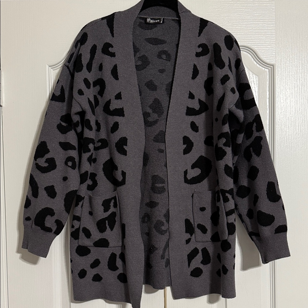 Gray and Black Leopard Print Cardigan